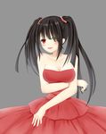  absurdres black_hair blush breast_lift breasts cleavage clock_eyes cuipi_xiong date_a_live grey_background highres large_breasts red_eyes solo symbol-shaped_pupils tokisaki_kurumi twintails 