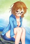  araki_hina breasts brown_eyes brown_hair chiro_(norishiro_michiro) cleavage glasses idolmaster idolmaster_cinderella_girls medium_breasts messy_hair rock sitting sitting_on_object smile solo water windbreaker 