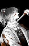  blood blood_on_face bloody_clothes bridal_gauntlets highres japanese_clothes male_focus monochrome parted_lips ponytail scarf solo spot_color touken_ranbu yamato-no-kami_yasusada zmore 