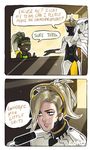  1girl 2koma artist_name bad_deviantart_id bad_id blonde_hair closed_eyes comic coro-chuu english evil_smile gesugao hairlocs high_ponytail lucio_(overwatch) mechanical_halo mechanical_wings mercy_(overwatch) microphone overwatch pantyhose parody profanity smile sunglasses thumbs_up wings 