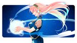 armband atom closed_eyes from_side headset holding long_hair megurine_luka open_mouth pink_hair skirt sky smile solo star_(sky) starry_sky tattoo u-min vest vocaloid 