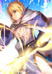  akisa_(12023648) armor armored_dress artoria_pendragon_(all) blonde_hair blue_cape cape excalibur fate/grand_order fate_(series) gauntlets glowing glowing_sword glowing_weapon green_eyes highres saber solo weapon 
