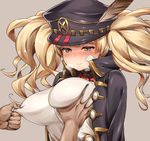  bandaid bandaid_on_face blonde_hair blush breast_grab breasts breath coat covered_nipples embarrassed feathers grabbing granblue_fantasy hat heavy_breathing large_breasts monica_weisswind nipple_pull peaked_cap silver_eyes simple_background solo_focus sweat ten_piboshi twintails upper_body 