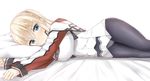  absurdres bad_id bad_pixiv_id black_legwear blonde_hair blue_eyes breasts capelet commentary_request eyebrows eyebrows_visible_through_hair graf_zeppelin_(kantai_collection) hair_between_eyes highres iron_cross kantai_collection large_breasts long_hair long_sleeves looking_at_viewer lying military military_uniform moyoron no_hat no_headwear on_side panties panties_under_pantyhose pantyhose simple_background solo twintails underwear uniform white_background 