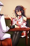  :d admiral_(kantai_collection) anmitsu_(dessert) bad_id bad_nicoseiga_id black_footwear black_hair black_legwear blush boots choker commentary_request detached_sleeves feeding hair_ornament hairband hairclip haruna_(kantai_collection) hat highres kantai_collection long_hair military military_uniform naval_uniform nontraditional_miko open_mouth orange_eyes peaked_cap pleated_skirt seat sitting skirt smile table thigh_boots thighhighs translated tsukui_kachou uniform 