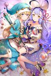  1girl :o bangs bare_shoulders blonde_hair blue_bow blue_hair blue_ribbon blush bow breasts brother_and_sister closed_mouth cloud cloud_print coat collarbone cookie cross-laced_clothes crystal cup detached_sleeves drill_hair eyebrows eyebrows_visible_through_hair food frills granblue_fantasy hair_between_eyes hair_bow hair_ribbon hairband hat hayama_eishi holding_hand lavender_hair long_hair long_sleeves looking_at_viewer lying morphe_(granblue_fantasy) nightcap on_side pajamas pants plate pom_pom_(clothes) purple_eyes purple_hair ribbon ribbon_trim saucer siblings sky_print small_breasts smile sparkle star star_print tapir tea teacup very_long_hair vetor_(granblue_fantasy) yellow_eyes 