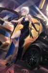  1girl absurdres asymmetrical_gloves black_car black_dress black_footwear black_gloves breasts car car_door dress dutch_angle earrings elbow_gloves glasses gloves hair_bun high_heels highres jewelry large_breasts legs motor_vehicle necklace night night_sky opening_door original otabaaa red_eyes shoes side_slit single_strap sky smile solo_focus star_(sky) starry_sky tire two-sided_dress two-sided_fabric vehicle_request white_gloves white_hair 