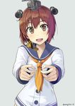  :d artist_name bangs blush brown_eyes brown_hair buttons collarbone commentary_request foreshortening head_tilt headgear hinami_(hinatamizu) kantai_collection long_sleeves looking_at_viewer neckerchief open_mouth orange_neckwear outstretched_arms round_teeth school_uniform serafuku shirt smile solo speaking_tube_headset tareme teeth white_shirt yukikaze_(kantai_collection) 