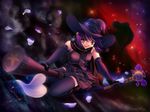  broom broom_riding flying orange_eyes original purple_hair r'l solo thighhighs wand witch zettai_ryouiki 