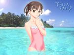 arm_behind_back beach black_hair casual_one-piece_swimsuit day forest frilled_swimsuit frills hair_rings hand_to_own_mouth nature ocean one-piece_swimsuit outdoors palm_tree photo_background solo sora_no_iro_mizu_no_iro sorayama_natsume sun swimsuit tanaka_takayuki tree water 