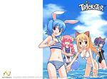  animal_ears artist_request bikini blonde_hair blue_hair braid breasts bunny_(trickster) bunny_ears cat_(trickster) cat_ears cleavage closed_eyes cloud day fang fox_(trickster) fox_ears innertube leaning_forward long_hair medium_breasts midriff multiple_girls navel one-piece_swimsuit open_mouth pink_hair purple_eyes purple_hair red_eyes school_swimsuit sheep_(trickster) sheep_ears sky small_breasts standing striped striped_bikini swimsuit trickster twin_braids wallpaper water 