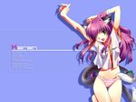  animal_ears arms_up cat_ears cat_tail copyright_request covered_nipples green_eyes karen_(artist) leg_lift long_hair midriff navel one_eye_closed panties pink_panties purple_hair see-through shirt solo standing striped striped_panties tail thigh_gap underwear wallpaper 