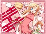  bamboo_steamer baozi bell blonde_hair blue_eyes canvas_2 china_dress chinese_clothes dim_sum dress eating food hagino_kana happy heart housen_elis mikage_(curry_berg_dish) multiple_girls one_eye_closed side_slit teapot thighhighs waitress wallpaper white_legwear 