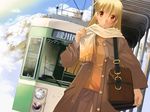  bag blonde_hair coat dutch_angle earrings ground_vehicle iuro jewelry landscape long_hair long_sleeves nejire orange_eyes scarf solo train wallpaper 