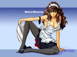  90s apron arm_ribbon arm_support bangs black_legwear breasts brown_hair character_name cleavage frills full_body gradient gradient_background green_eyes hair_between_eyes high_heels holding keseran large_breasts leaning legs letterboxed long_hair looking_at_viewer maid_headdress naked_apron naughty_face no_shirt official_art oldschool pantyhose private_garden reflection ribbon shadow shimamura_natsumi shoes sideboob sidelocks sitting skirt smile solo spread_legs tray waitress wallpaper wavy_hair 