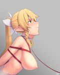  absurdres areolae arms_behind_back bdsm blonde_hair blush bondage bound breasts clenched_teeth green_eyes highres kaddo large_breasts leafa leash long_hair nipples pointy_ears ponytail red_rope rope shibari solo sweat sword_art_online teeth upper_body 