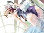  arm_support ass bent_over braid breasts brown_hair copyright_request dutch_angle flotation_belt from_behind green_eyes head_wings indoors komatsu_eiji ladder long_hair looking_back one-piece_swimsuit pool pool_ladder school_swimsuit shiny shiny_clothes sideboob signature small_breasts solo swim_cap swimsuit twin_braids wading wallpaper water wet 