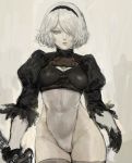  1girl android black_dress black_hairband breasts cleavage_cutout commentary_request dress facing_viewer feather-trimmed_sleeves gloves grey_eyes hairband highleg highleg_leotard highres juliet_sleeves katana leotard long_sleeves looking_at_viewer medium_breasts mole mole_under_mouth nier_(series) nier_automata puffy_sleeves silver_hair standing sword thighhighs tyawantyawan356 vambraces weapon white_leotard yorha_no._2_type_b 
