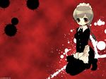  brown_hair long_sleeves maid original paint_splatter pantyhose red_background red_eyes solo suzuki_kokono 