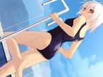  albino barefoot copyright_request day dutch_angle feet fence from_behind from_below hill looking_back ninozen one-piece_swimsuit outdoors pool pool_ladder poolside red_eyes school_swimsuit sky soles solo swimsuit wet white_hair 