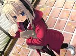  bag baozi blonde_hair blue_eyes boots bow coat copyright_request food ginkgo leaf long_sleeves ninozen pantyhose solo 