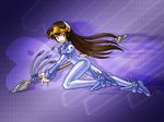  blue_bodysuit bodysuit boots brown_hair floating_hair gentoo juzo-kun linux long_hair os-tan personification polearm red_eyes running solo spear very_long_hair wallpaper watermark weapon 