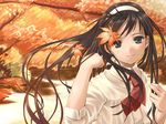  black_hair blue_eyes hairband leaf long_hair long_sleeves smile solo toono_akiha tsukihime wallpaper white_hairband zama_masaaki 