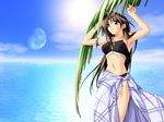  amamiya_michiru armpits arms_up beach bikini blue_sarong brown_eyes brown_hair day hashimoto_takashi long_hair midriff sarong solo striped striped_sarong swimsuit tankini wallpaper with_you 