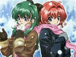  :d antenna_hair back-to-back blue_eyes blush bow coat gloves green_hair hair_bow hair_intakes kimishima_ikutomo long_hair long_sleeves miyafuji_miina multiple_girls official_art onegai_twins onodera_karen open_mouth outdoors red_hair scarf shared_scarf short_hair smile snow snowing wallpaper 