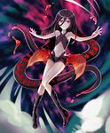  bangs bare_shoulders black_hair boots borrowed_character cthulhu_mythos flat_chest gradient_hair hair_between_eyes kuroi long_hair looking_at_viewer multicolored_hair navel nyarlathotep original outstretched_arms popia_jashin red_eyes red_hair smile solo tentacles wings 