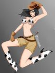  bayonetta black_hair cow_print cowgirl glasses gloves gun hand_on_head hat high_heel_boots long_hair looking_at_viewer pinup sexy shorts 