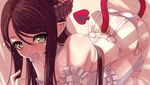  bare_shoulders blush breasts brown_hair commentary_request condom condom_in_mouth demon_girl demon_tail green_eyes horns long_hair looking_at_viewer medium_breasts mouth_hold o-ring original pointy_ears reason_(ficafe) slit_pupils solo succubus sweat tail 