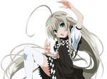  ahoge black_dress dress green_eyes grey_hair haiyore!_nyaruko-san highres long_hair looking_at_viewer nyarlathotep_(nyaruko-san) open_mouth simple_background solo taka_(takahirokun) thighhighs very_long_hair white_background white_legwear 