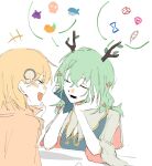  3girls anklet blonde_hair blue_skirt brown_coat canvas0911 ceres_fauna ceres_fauna_(1st_costume) coat graduation_(series) highres hololive hololive_english jewelry multiple_girls single_thighhigh skirt thighhighs tree_horns twintails virtual_youtuber watson_amelia watson_amelia_(1st_costume) white_background white_thighhighs yellow_eyes 