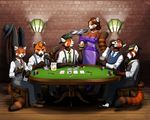  2016 absurd_res alcohol anthro beverage black_fur brown_fur cards clothed clothing cup dress duo_radon english_text fedora female food footwear fur group half-closed_eyes hat hi_res inside lamp male mammal necktie poker poker_chip red_fur red_panda shoes signature smile stopwatch stripes suit suspenders table text white_fur 