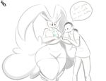 between_breasts big_breasts black_and_white breasts clothing dialogue dress egg english_text female hair half-closed_eyes human lopunny male mammal monochrome nintendo pok&eacute;mon pok&eacute;morph smile speech_bubble text video_games wide_hips 
