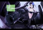  2011 belt black_bikini_top black_gloves black_hair black_rock_shooter black_rock_shooter_(character) black_shorts blue_eyes boots breasts burning_eye cleavage collarbone dated fingerless_gloves front-tie_top gloves hair_ornament holding long_hair looking_at_viewer navel short_shorts shorts small_breasts solo twintails yan_(nicknikg) 