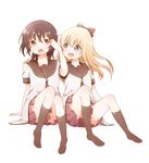  :d arm_support bafarin black_legwear blonde_hair blue_eyes bow brown_eyes brown_hair couple funami_yui hair_bow hand_on_another's_shoulder kneehighs multiple_girls nanamori_school_uniform no_shoes one-armed_hug open_mouth school_uniform serafuku short_hair side-by-side sitting smile socks toshinou_kyouko v-shaped_eyebrows yuri yuru_yuri 