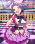  ahoge alternate_costume artist_request belt blue_hair brown_eyes frilled_skirt frills hair_ribbon idol idolmaster idolmaster_(classic) idolmaster_million_live! lens_flare looking_at_viewer microphone miura_azusa music official_art ribbon short_hair singing skirt smile solo 