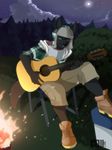 anthro bonfire canine clothed clothing guitar male mammal musical_instrument outside rekuuhh sitting smile solo 