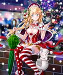  bangs blonde_hair blue_eyes bonnet boots bow bra braid breasts brick_wall capelet christmas christmas_ornaments christmas_tree cleavage closed_umbrella dress eyebrows eyebrows_visible_through_hair frilled_dress frilled_skirt frills glowing headdress holding holly kuroi large_breasts long_hair long_sleeves mismatched_legwear multicolored multicolored_clothes multicolored_legwear official_art original pen pink_bra polka_dot polka_dot_legwear pom_pom_(clothes) red_bow red_dress senjou_no_electro_girl shop sitting skirt smile snow snowflakes snowman solo sparkle striped striped_legwear thighhighs two-tone_legwear umbrella underwear white_bow 