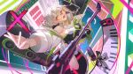  1girl absurdres ahoge artoria_pendragon_(fate) bare_shoulders black_shirt braid breasts bun_with_braided_base cleavage commentary electric_guitar fate/grand_order fate_(series) full_body glasses gloves guitar hair_between_eyes hair_ribbon highres instrument jacket keyboard_(instrument) large_breasts light_(nightty45) long_sleeves microphone mysterious_idol_x_alter_(fate) open_mouth outstretched_arm partially_fingerless_gloves ribbon shirt single_glove sleeveless sleeveless_shirt solo speaker white_hair white_jacket yellow_eyes 