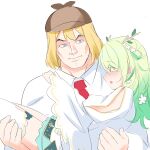  3girls anklet blonde_hair blue_skirt brown_coat ceres_fauna ceres_fauna_(1st_costume) coat felutiahime graduation_(series) highres hololive hololive_english jewelry multiple_girls single_thighhigh skirt thighhighs tree_horns twintails virtual_youtuber watson_amelia watson_amelia_(1st_costume) white_background white_thighhighs yellow_eyes 