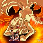  2016 all_fours anthro anthrofied ass_up black_fur black_nose breasts brown_fur brown_hair butt canine drooling duo english_text female fire fox fur hair hi_res imminent_vore larger_female lying male mammal multi_tail ninetales nintendo nude on_back open_mouth orange_fur pawprint pok&eacute;mon pok&eacute;morph red_eyes red_sclera rena_ayama saliva signature size_difference smaller_male teeth text tongue video_games vore white_fur 