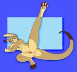  2016 anthro anus female fur green_eyes kangaroo lying mammal marsupial nude on_side os pussy raised_leg simple_background solo spread_legs spreading tan_fur tan_hair 