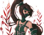  akali bare_shoulders breasts brown_hair floral_background green_eyes high_ponytail kakip league_of_legends long_hair looking_afar mask medium_breasts open_eyes ponytail solo upper_body 