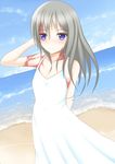  arm_behind_back bare_shoulders beach blue_eyes blue_sky blush burn_scar cloud collarbone day dorei_to_no_seikatsu_~teaching_feeling~ dress grey_hair hand_in_hair highres long_hair looking_at_viewer md5_mismatch ocean outdoors robu_(ms08bb) scar sky smile solo sundress sylvie_(dorei_to_no_seikatsu) white_dress 