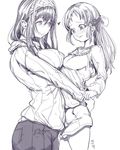  age_difference aningay blush breast_envy breasts closed_mouth hairband heart idolmaster idolmaster_cinderella_girls large_breasts lineart long_hair long_sleeves looking_down monochrome multiple_girls nose_blush pants ribbed_sweater sagisawa_fumika shorts simple_background sketch standing sweater tachibana_arisu turtleneck white_background yuri 