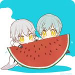  :&gt; aqua_hair bad_id bad_pixiv_id chibi eating food fruit ichigo_hitofuri male_focus miniboy multiple_boys sayu030b smile touken_ranbu tsurumaru_kuninaga watermelon white_hair yellow_eyes 