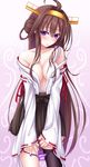  ahoge bare_shoulders blush breasts brown_hair cleavage hair_bun hairband highres kantai_collection kongou_(kantai_collection) large_breasts long_hair looking_at_viewer nontraditional_miko open_mouth purple_eyes solo underwear very_long_hair wide_sleeves yoye_(pastel_white) 
